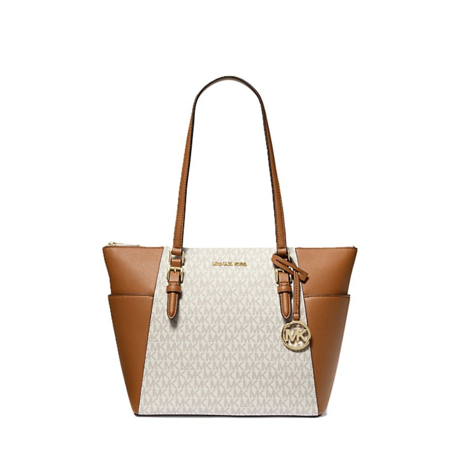 Michael Kors Charlotte Large Logo and Leather Top Zip Tote Bag - Vanilla