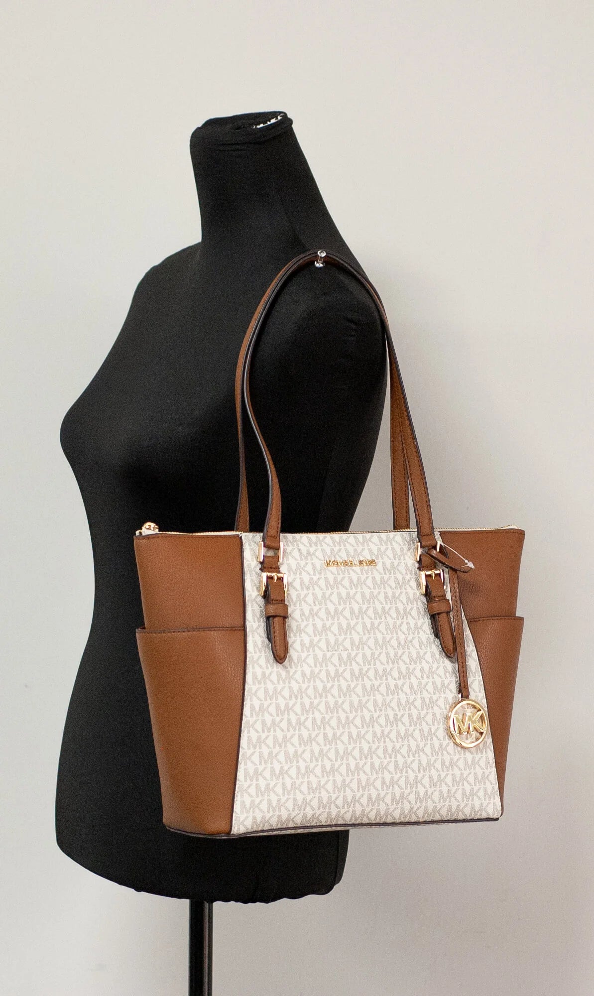 Michael Kors Charlotte Vanilla Signature Leather Large Top Zip Tote handbag Purse Bag