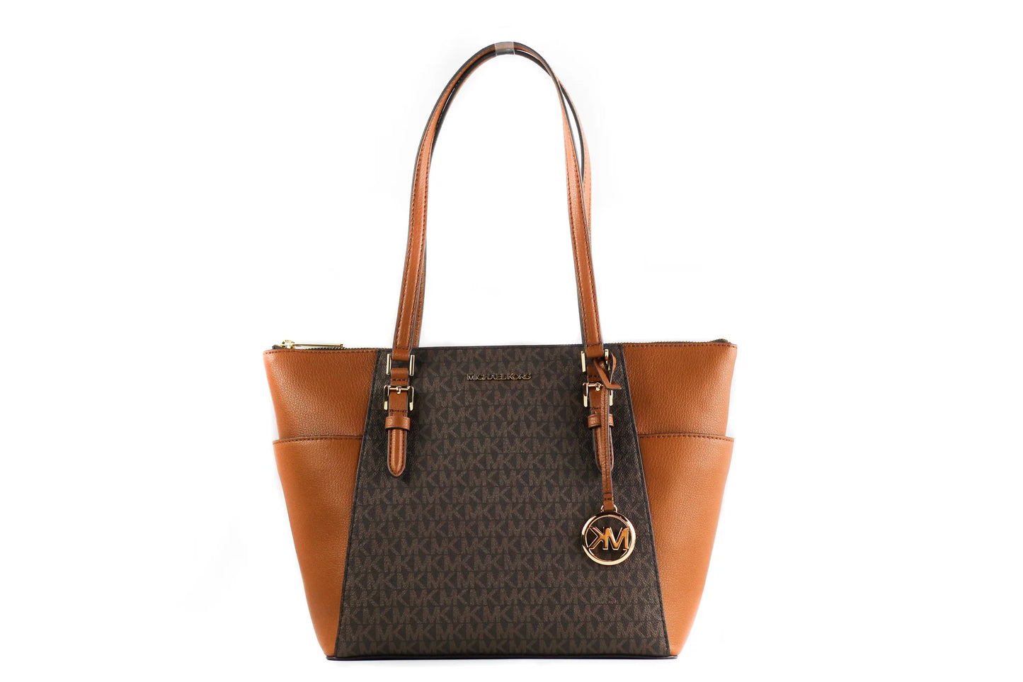 Michael Kors Charlotte Brown Signature Logo Leather Large Top Zip Tote Handbag Bag