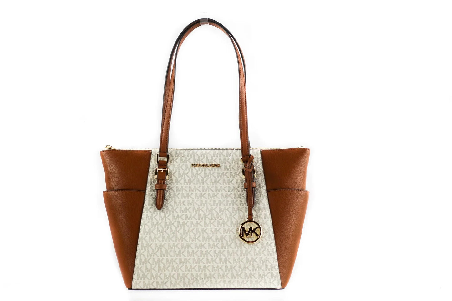 Michael Kors Charlotte Vanilla Signature Leather Large Top Zip Tote handbag Purse Bag