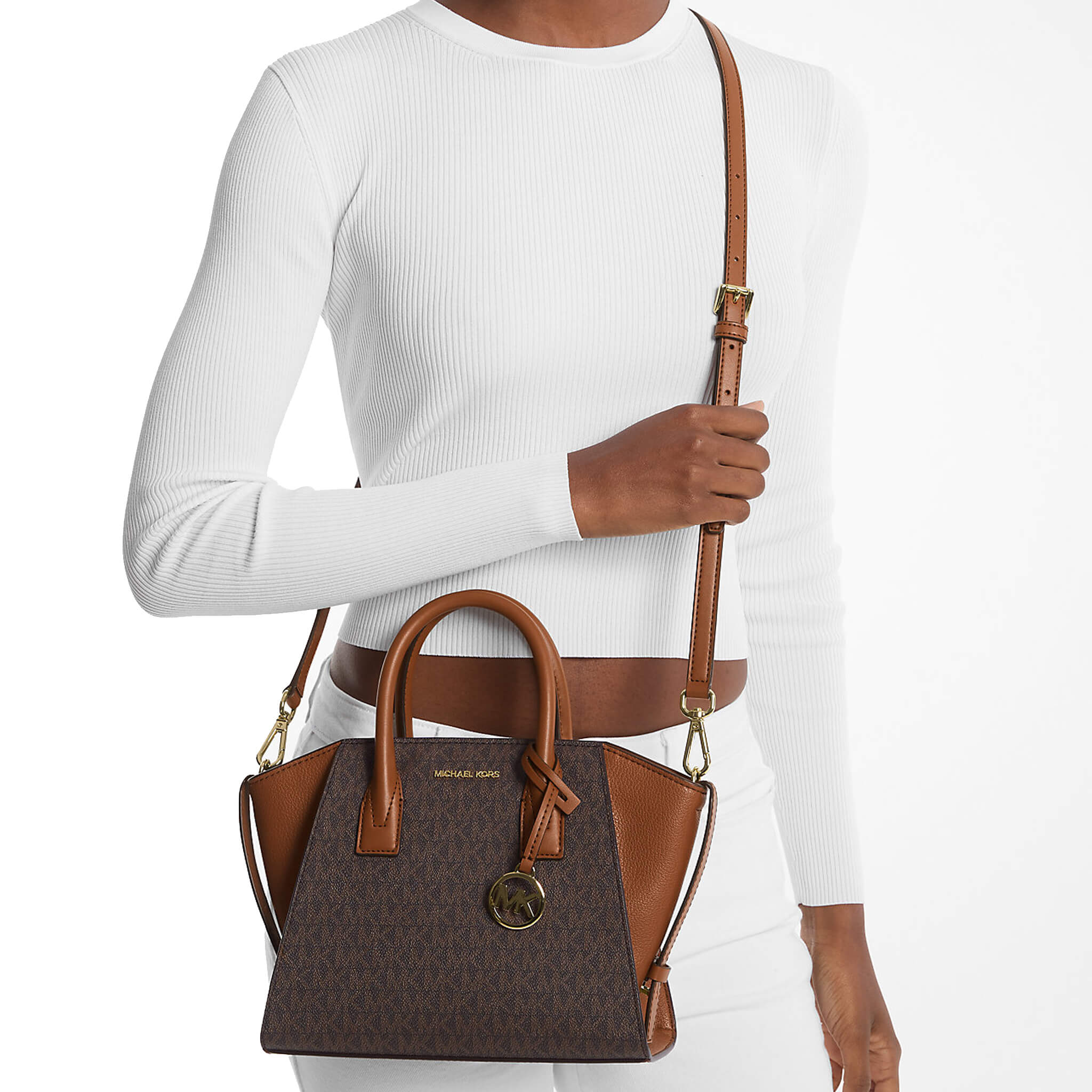 Michael Kors Avril Small Logo and Leather Signature Series Satchel - Brown