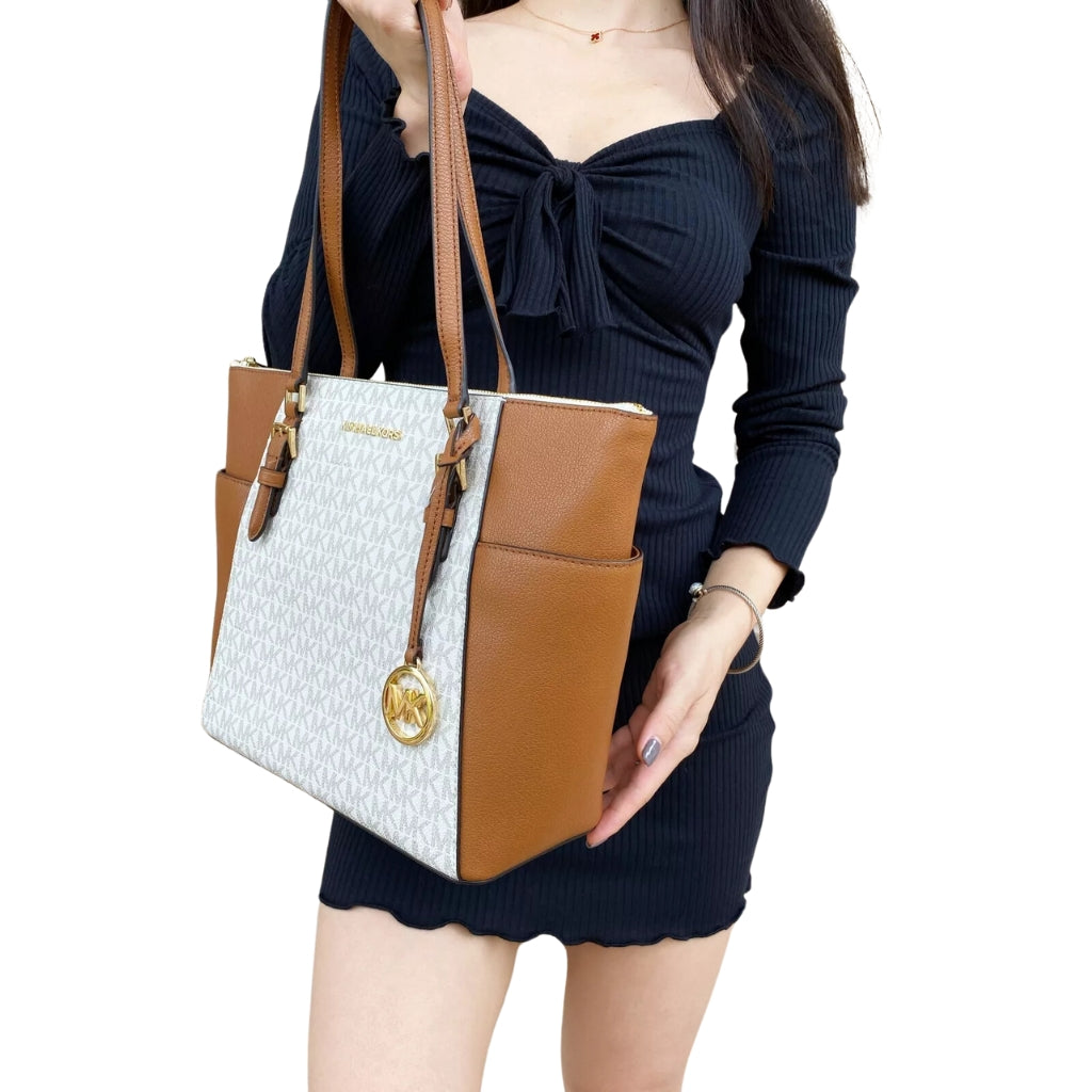 Michael Kors Charlotte Large Logo and Leather Top Zip Tote Bag - Vanilla