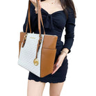 Michael Kors Charlotte Large Logo and Leather Top Zip Tote Bag - Vanilla