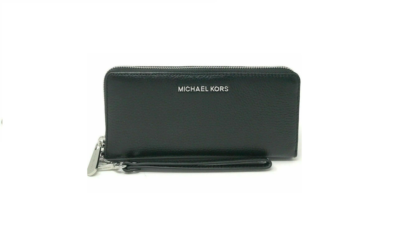 Michael Kors Jet Set Large Continental Wallet Wristlet Black Leather Silver